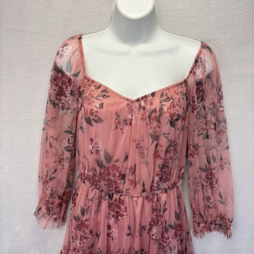 Candalite Sheer Tiered Maxi Dress Womens M Pink Floral Whimsical Romantic Flowy - Picture 9 of 14